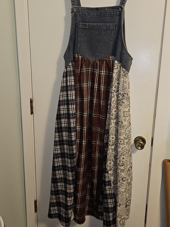 Oddi Dresses & Skirts - Patchwork Plaid Maxi Dress with Denim Bib